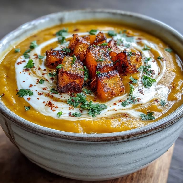 Golden roasted cubes of butternut squash and red lentils blended into a velvety, nourishing soup, ready to enjoy with crusty bread.