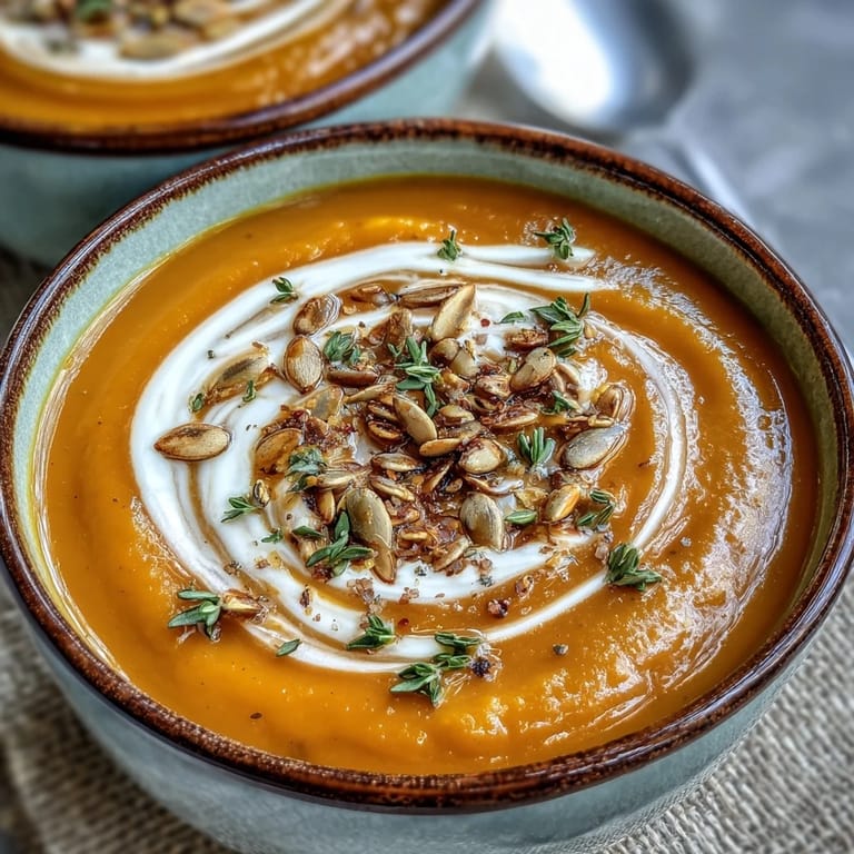 A warm bowl of butternut squash and apple soup garnished with fresh thyme, served beside crusty artisan bread for dipping.