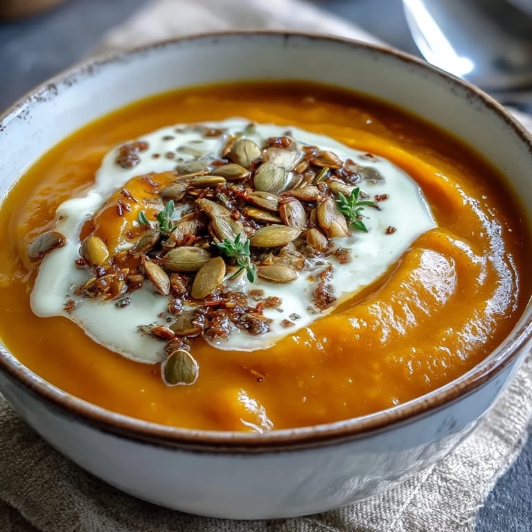 Vibrant autumn-colored butternut squash and apple soup in a white ceramic mug, steam rising for a cozy, comforting feel.