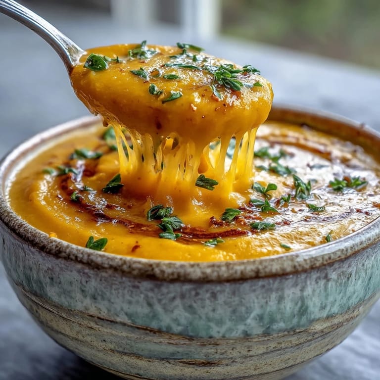 A bowl of butternut squash broccoli cheddar soup topped with extra cheese and roasted broccoli, served beside warm crusty bread for dipping.