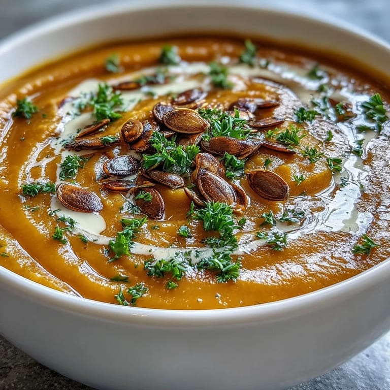 Roasted Broccoli and Butternut Squash Soup in a rustic bowl with a coconut milk drizzle.