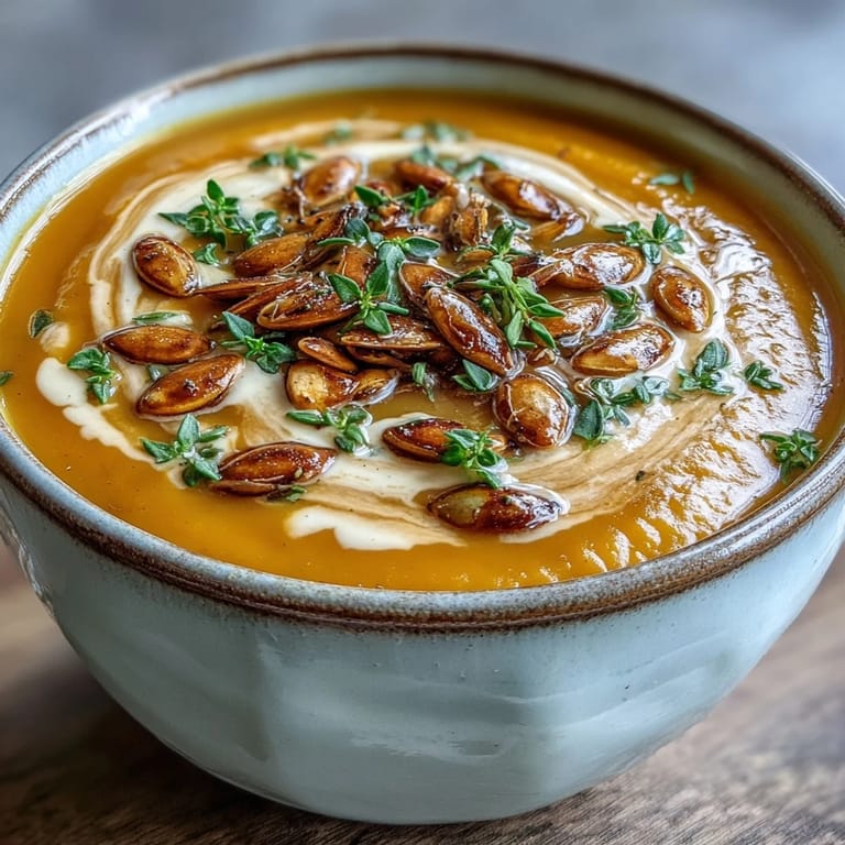 Warm bowl of Easy Roasted Butternut Squash Soup topped with cream swirls and fresh thyme sprigs.