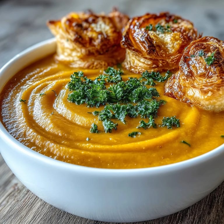 Golden pastries sit beside a vibrant green bowl of Creamy Broccoli and Butternut Squash Soup, garnished with thyme and cracked black pepper.
