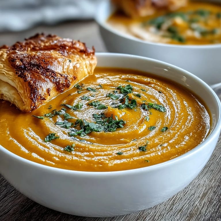A spoon dips into smooth Creamy Broccoli and Butternut Squash Soup, served hot with a flaky, cheese-filled pastry for a comforting meal.