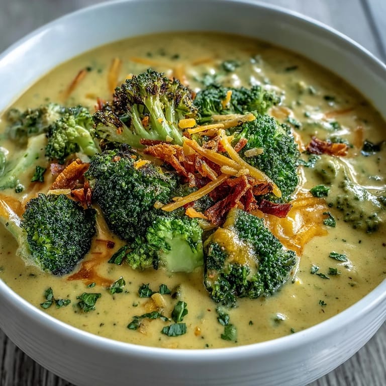 Steam rises from a bowl of Roasted Broccoli Cheddar Soup topped with extra cheese, ideal for pairing with crusty gluten-free bread.