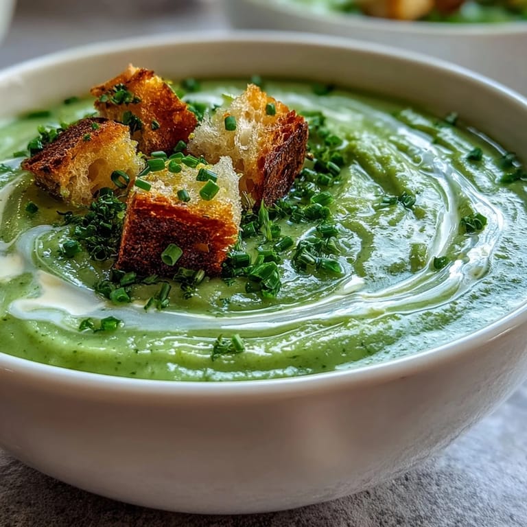 A bowl of velvety Cream of Broccoli Soup topped with a swirl of cream.