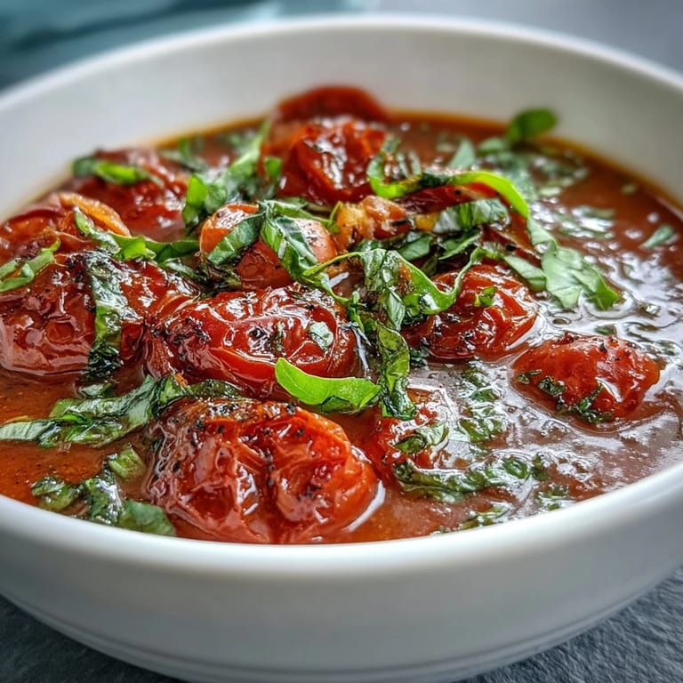 Freshly blended roasted tomato basil soup steaming in a rustic bowl, showcasing the rich, creamy consistency and topped with a drizzle of cream.