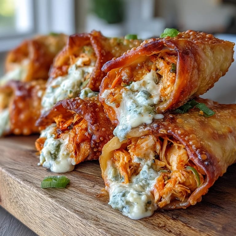 Buffalo Chicken Egg Rolls drizzled with hot sauce, paired with carrot sticks and blue cheese dressing for an easy appetizer.
