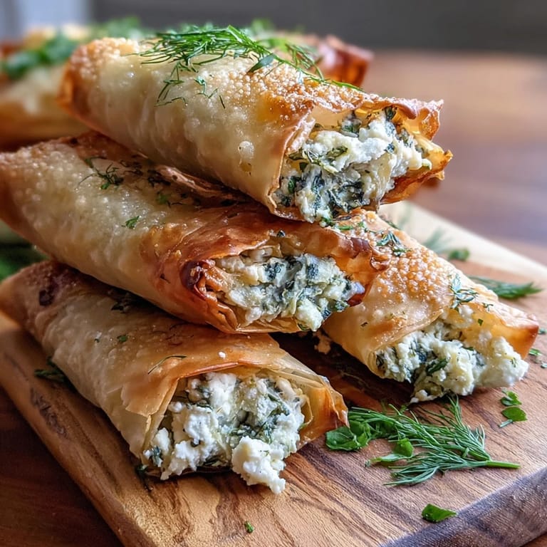 Stack of golden, baked Spanakopita Spring Rolls served on a wooden board, ready to be eaten by hand.