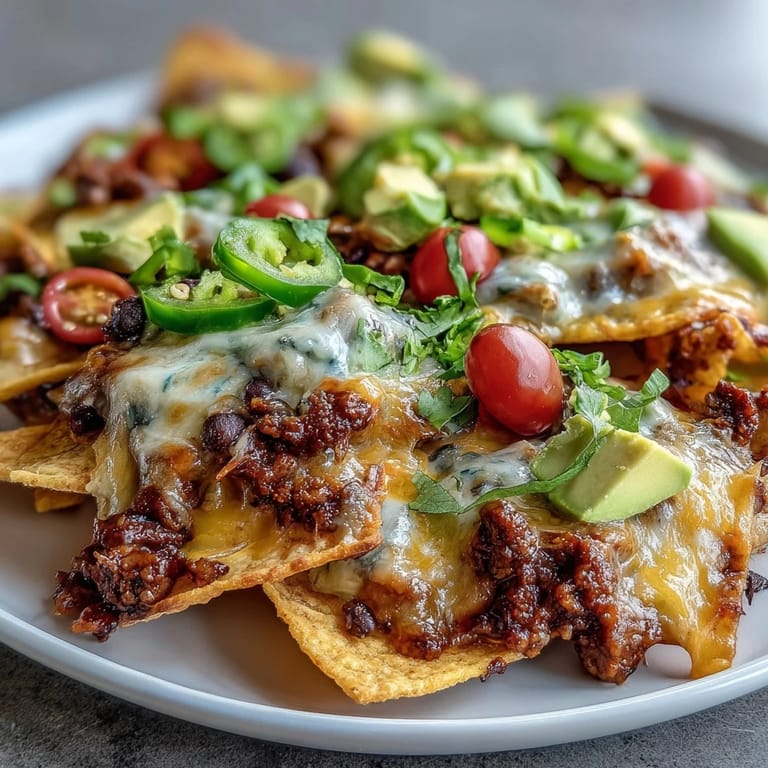 Golden Baked Nachos loaded with savory beef, bubbling cheese, tomatoes, olives, and a side of salsa and sour cream.