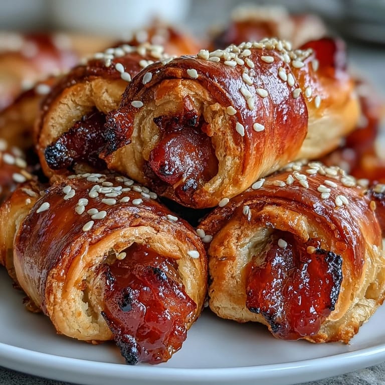 Pepper Jelly Hogs in a Blanket served warm with a side of spicy dipping sauce.
