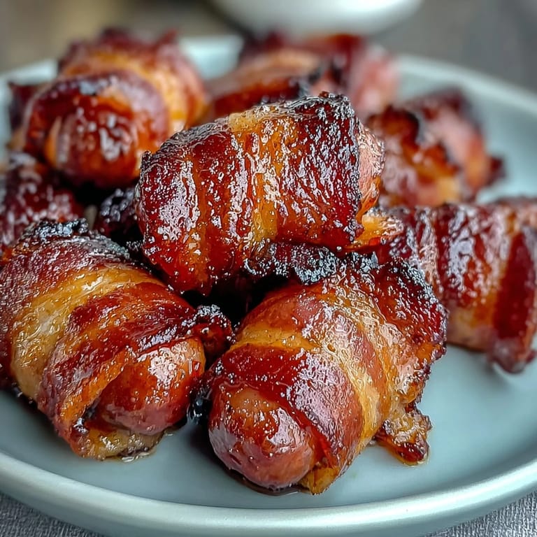 Freshly baked Bacon-Wrapped Smokies arranged on a platter, ready for a game day party with toothpicks. 