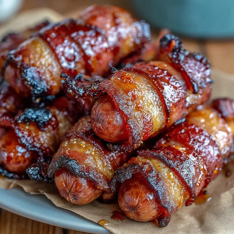 Close-up of juicy Bacon-Wrapped Smokies, featuring crispy, caramelized bacon edges and a spicy glaze.
