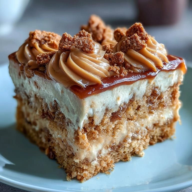 A close-up view shows creamy Lotus frosting being generously spread over the warm Decadent Baked Biscoff Cake.