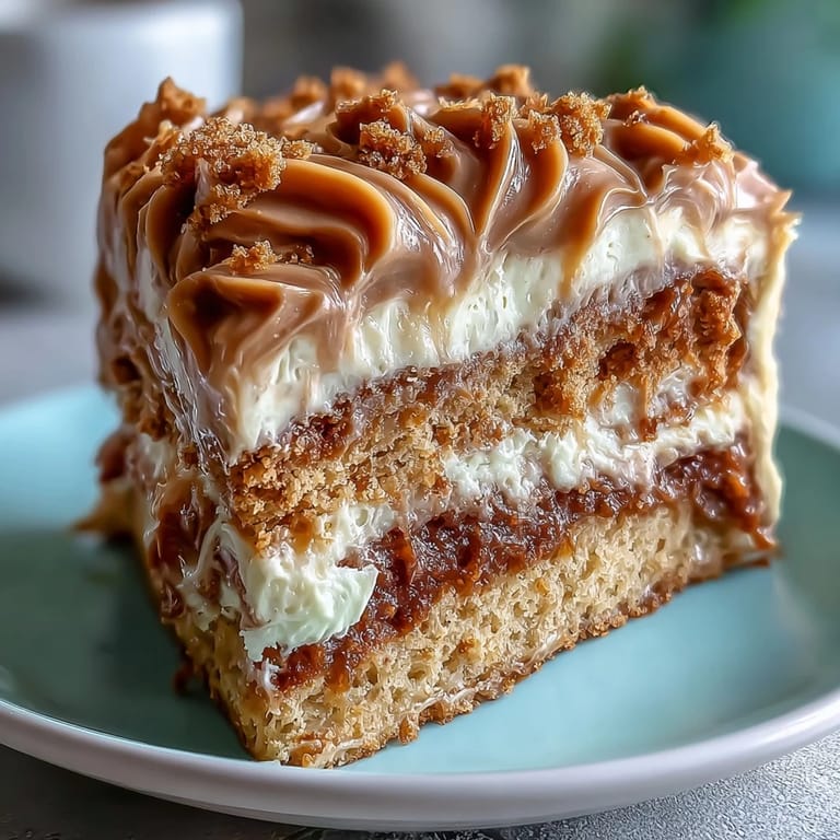 Sliced Decadent Baked Biscoff Cake reveals a tender crumb texture and swirls of spiced cookie filling on a ceramic plate.