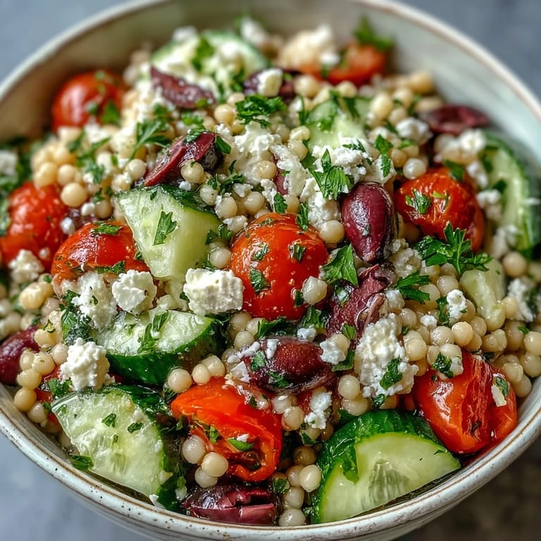 Close-up of Mediterranean Pearl Couscous showing toasted pearls, juicy cherry tomatoes, and diced veggies glistening with zesty red wine vinaigrette.