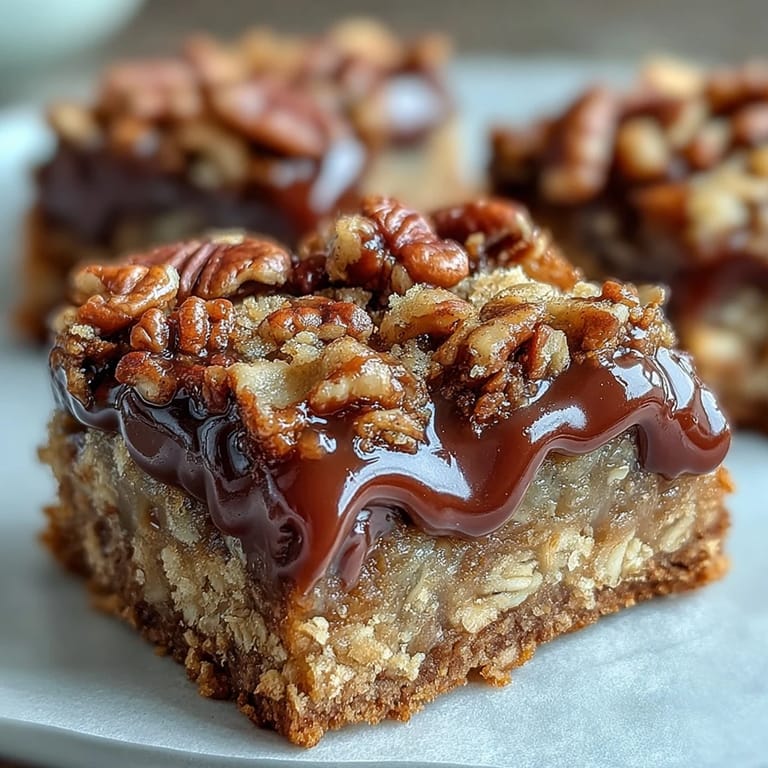 Decadent Sweet and Chewy Turtle Bars on a white plate ready to serve.