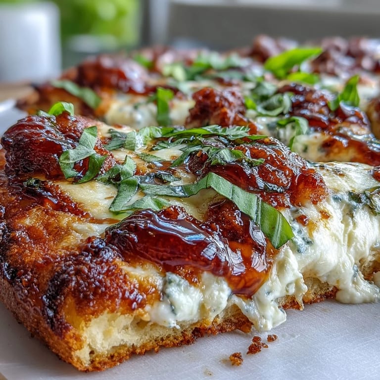 Freshly baked Hot Honey Ricotta Pizza showing thick, fluffy crust topped with creamy ricotta and herbs.