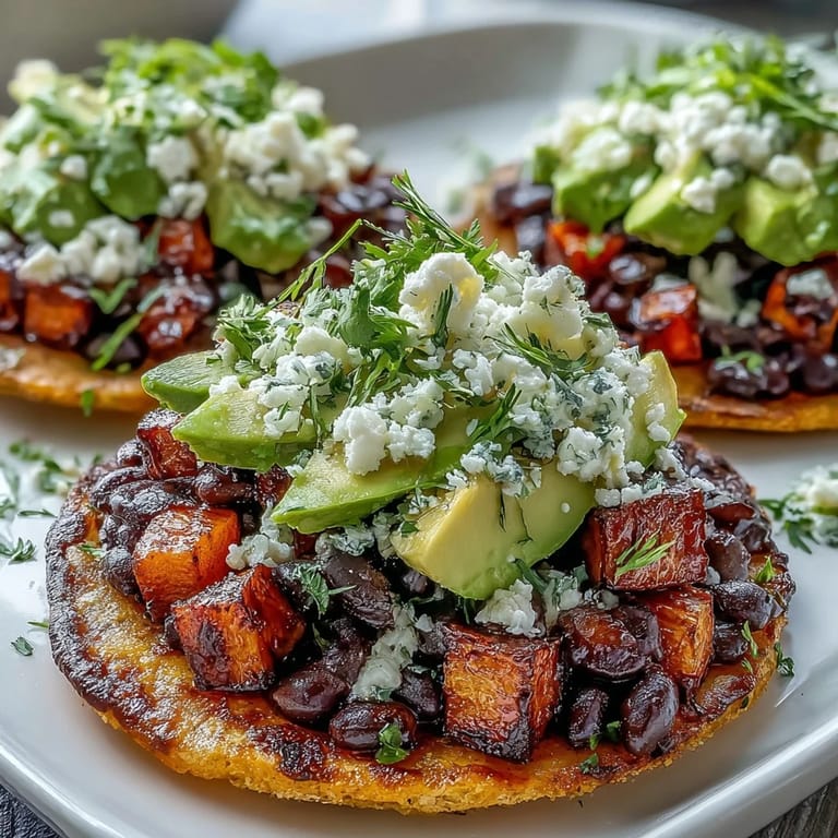 A vibrant platter of Black Bean and Sweet Potato Tostadas featuring caramelized vegetables, fresh cilantro, and corn for a gluten-free meal.