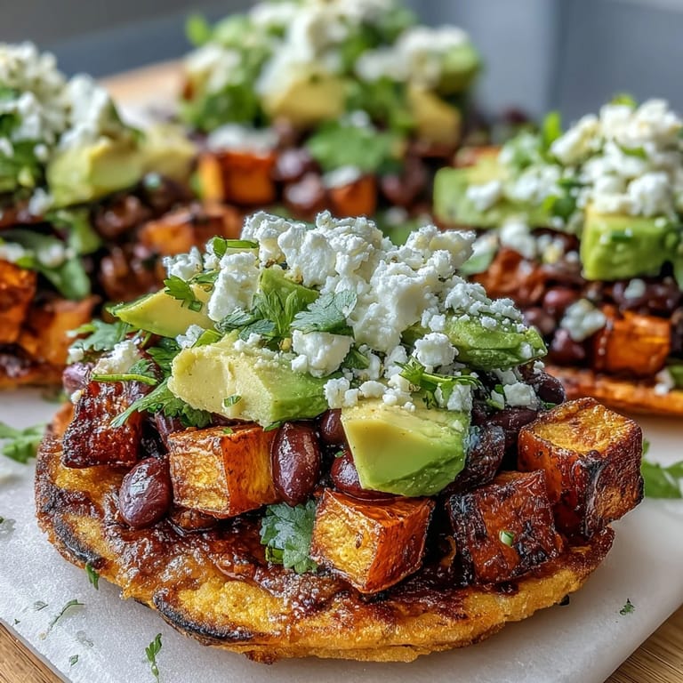 Roasted sweet potato cubes and lime-seasoned black beans piled high on crunchy tostadas, ready to be customized with your favorite hot sauce.