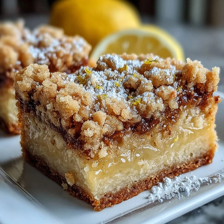 Freshly baked Homemade Lemon Crumb Bars are arranged on a white ceramic plate, ready to be served with a cup of tea.