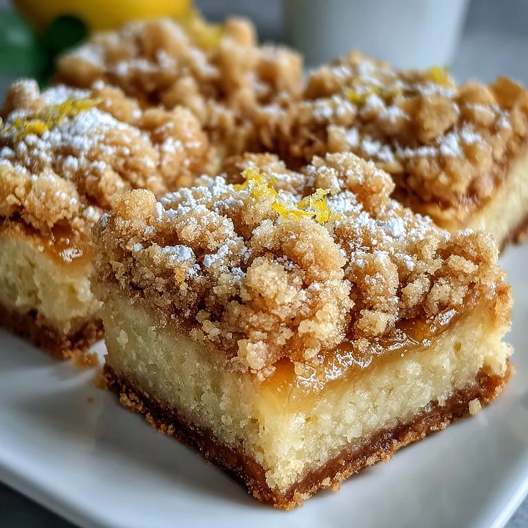 Close-up of a sliced Homemade Lemon Crumb Bar, revealing a bright lemon filling and crumbly, buttery golden topping on a wooden board.
