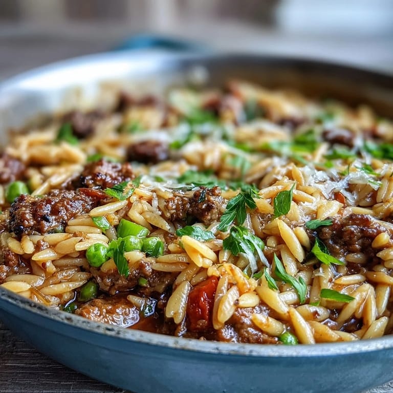Family-style Comforting Ground Beef Orzo Dinner served with crusty bread and a sprinkle of Parmesan.