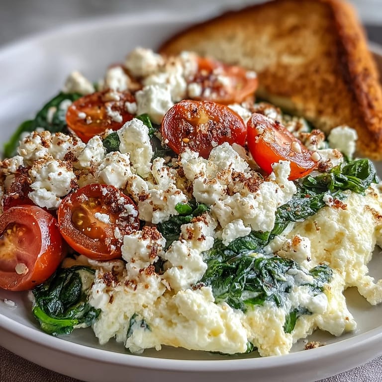Golden scrambled eggs and wilted spinach fill this savory Spinach and Feta Breakfast Bowl, garnished with fresh parsley.