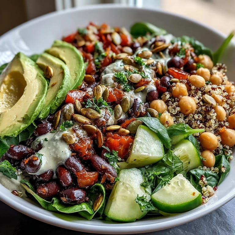 The hearty Three-Bean Power Bowl features chickpeas, black beans, and cherry tomatoes on a bed of greens.