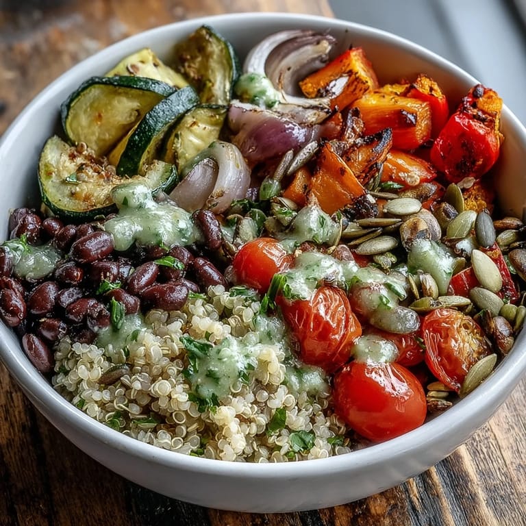 Close-up of a fresh Veggie and Quinoa Power Bowl showing beans, seeds, and lemon vinaigrette on a rustic wooden table.