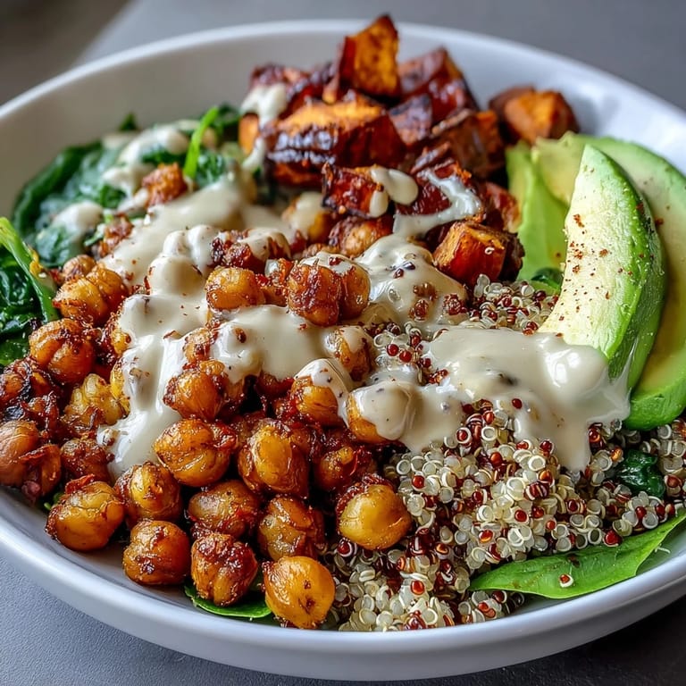 Close-up of crispy Roasted Chickpea Power Bowl with avocado slices and fresh parsley on a bed of greens.