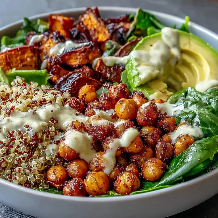 Healthy Roasted Chickpea Power Bowl served warm with a colorful mix of roasted sweet potatoes and bell peppers.