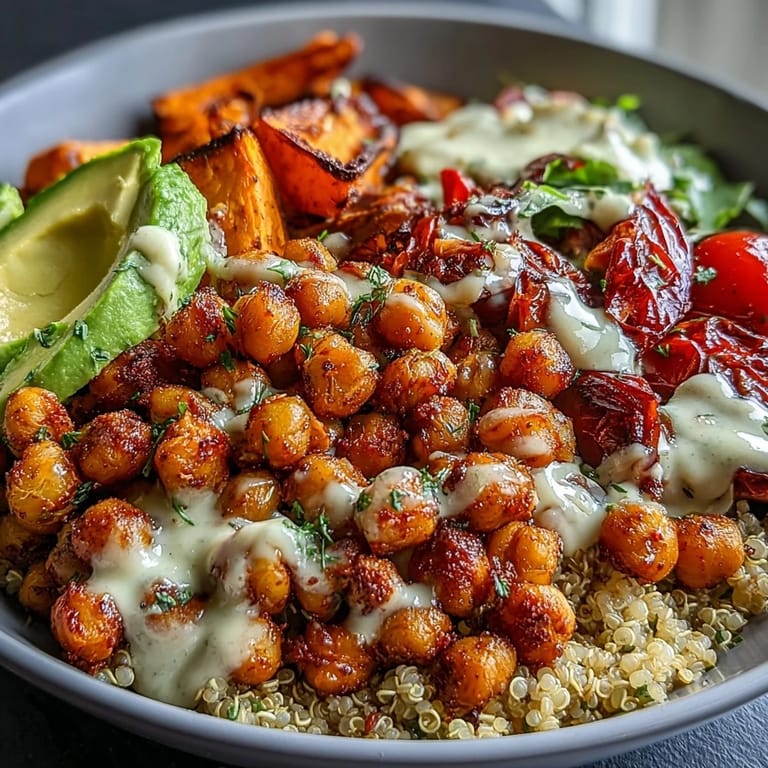 A close-up view shows vibrant sweet potatoes, avocado, and cherry tomatoes in a hearty Chickpea Power Bowl for lunch.