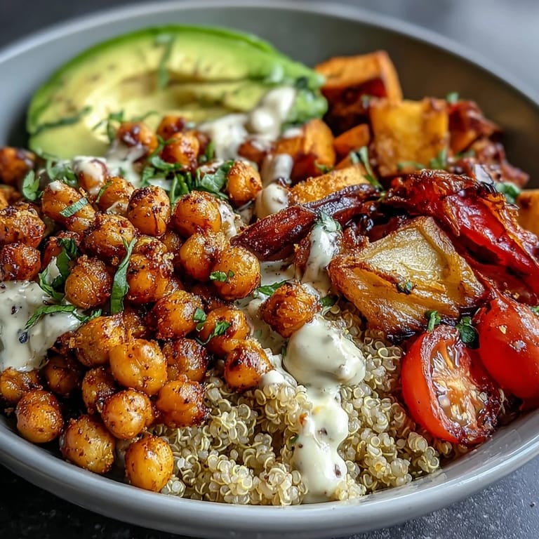 Vegan Chickpea Power Bowl with golden roasted vegetables and crunchy pumpkin seeds, finished with a drizzle of lemony tahini dressing.