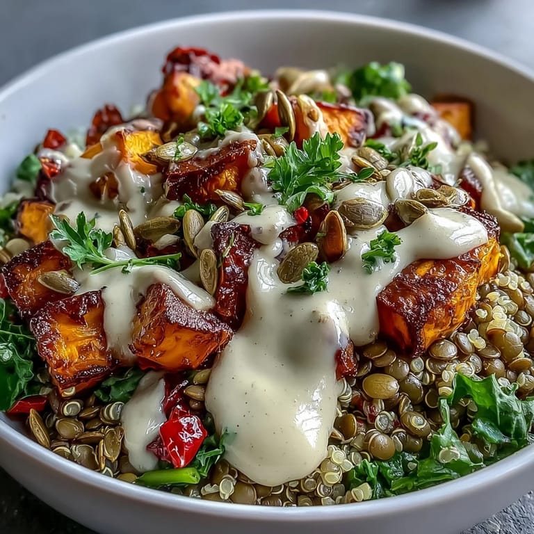 Vibrant sweet potato, zucchini, and bell pepper create a colorful Lentil Power Bowl garnished with fresh parsley and pumpkin seeds.
