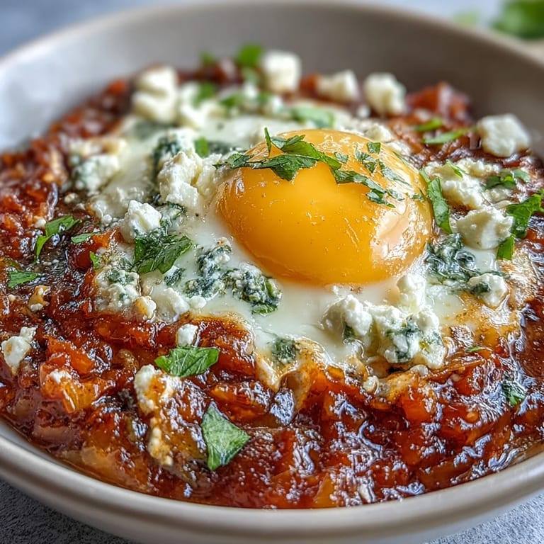 Homemade Shakshuka Bowl topped with fresh cilantro and crumbled feta, steaming in a rustic skillet.