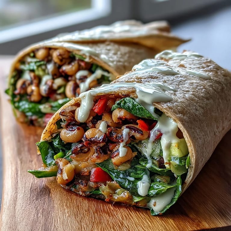 Warm whole wheat tortillas stuffed with black-eyed peas, quinoa, and vibrant veggies for a healthy lunch.
