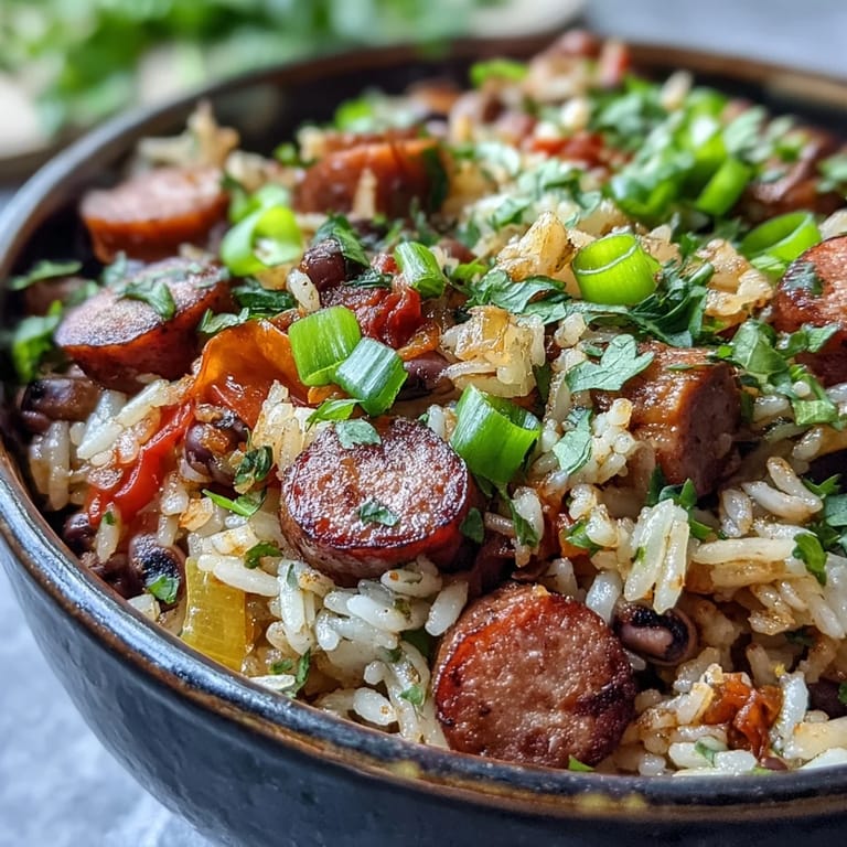Spoonful of hearty Black-Eyed Pea Jambalaya showing tender black-eyed peas, diced tomatoes, and Andouille sausage pieces.