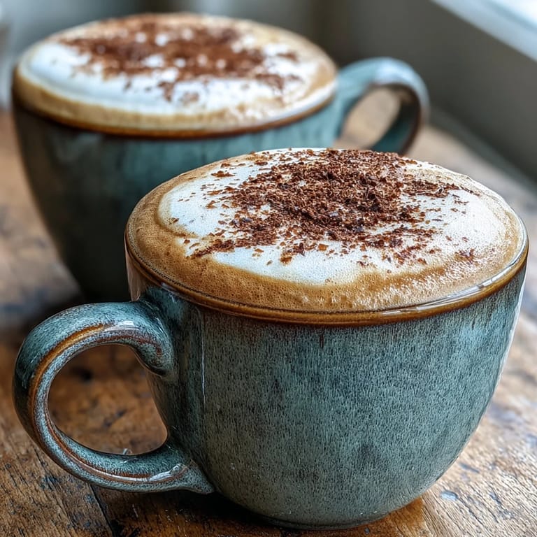 Steaming mug of Japanese hojicha latte with a delicate sprinkle of roasted tea powder, served on a cozy wooden table.