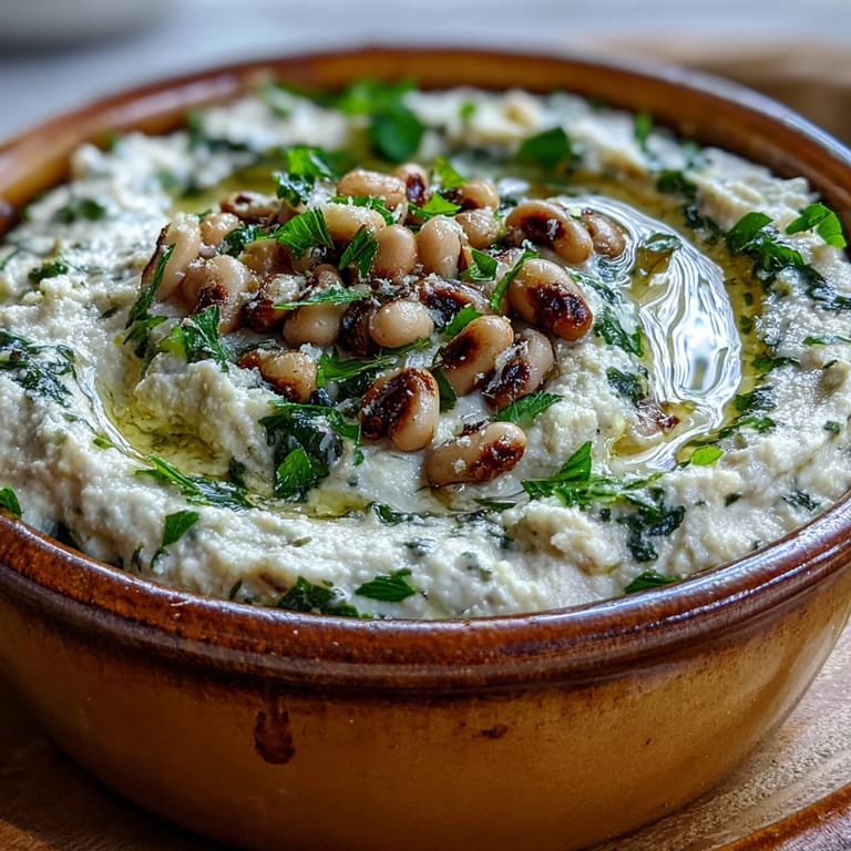 Earthy black-eyed peas mash with minced garlic and lemon zest in a rustic serving bowl for a healthy appetizer.