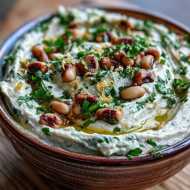 Warm Southern-style Smashed Black-Eyed Peas garnished with fresh parsley, ready to be scooped up with veggies or crackers.