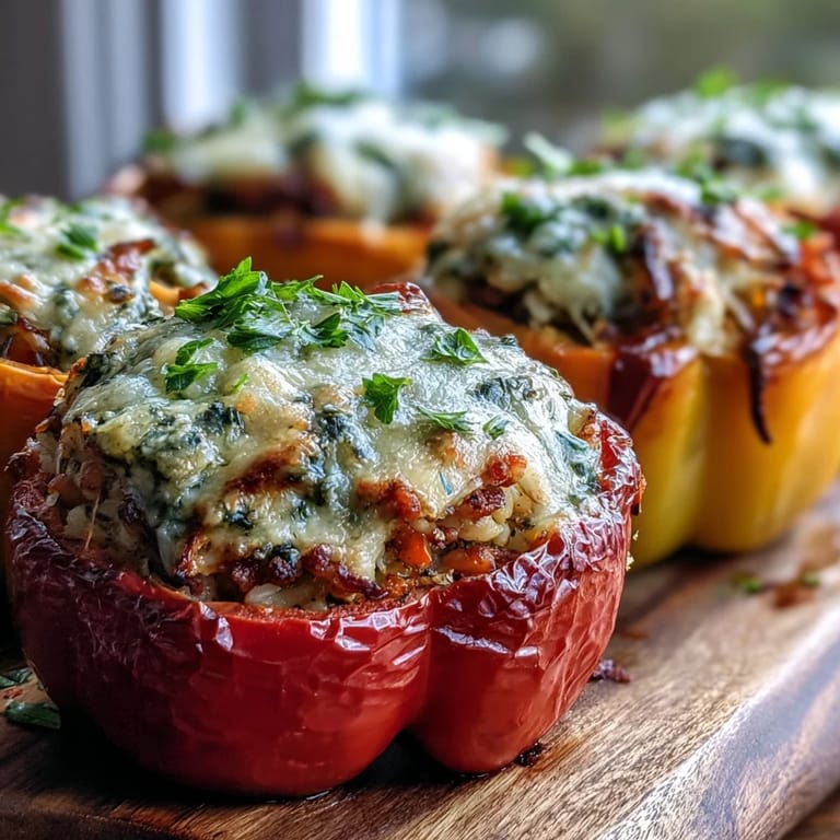 Golden baked bell peppers filled with seasoned Black-Eyed Pea Stuffed Peppers and aromatic vegetables.