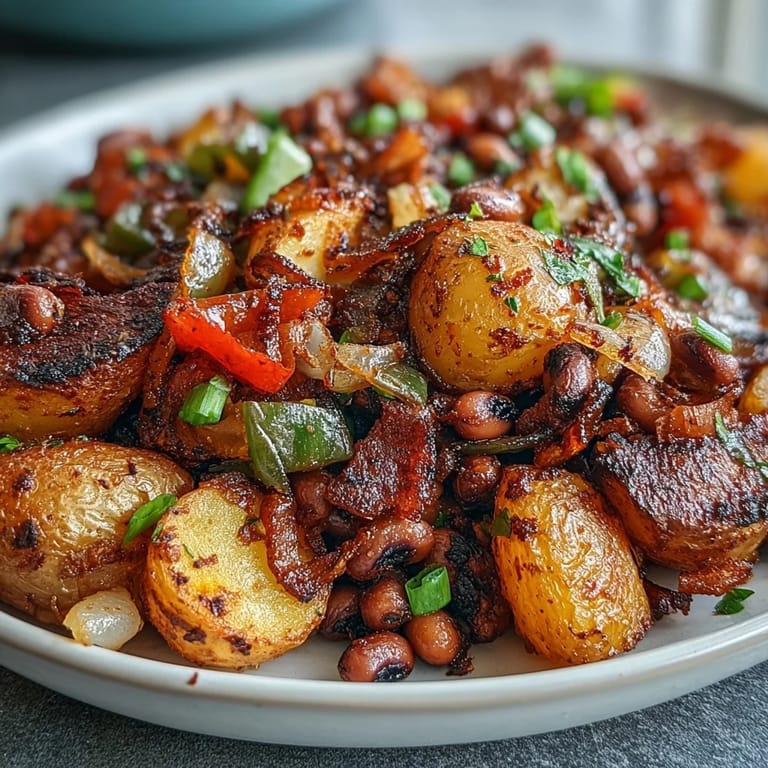 Southern-inspired Black-Eyed Pea Hash with crispy roasted potatoes and sautéed peppers, ready to serve alongside fried eggs.