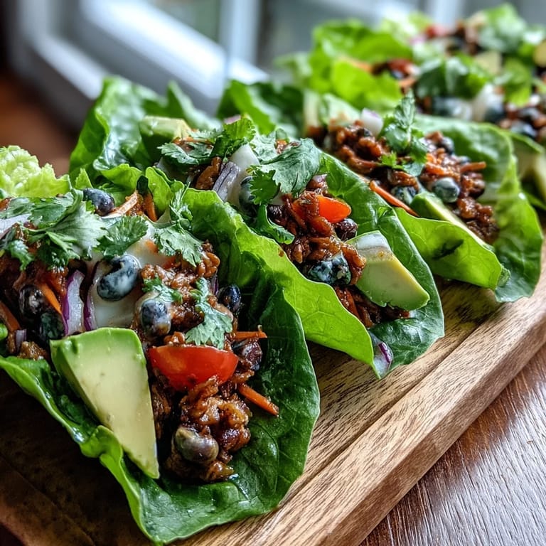 Crisp butter lettuce leaves holding warm Black-Eyed Pea Lettuce Wraps, topped with creamy avocado slices and a drizzle of hot sauce.