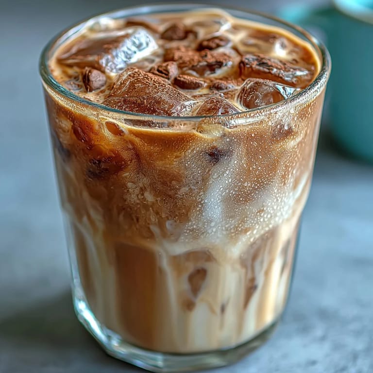 Two servings of Iced Hojicha Latte resting on a wooden table, showcasing the rich, reddish-brown hue of the roasted green tea.