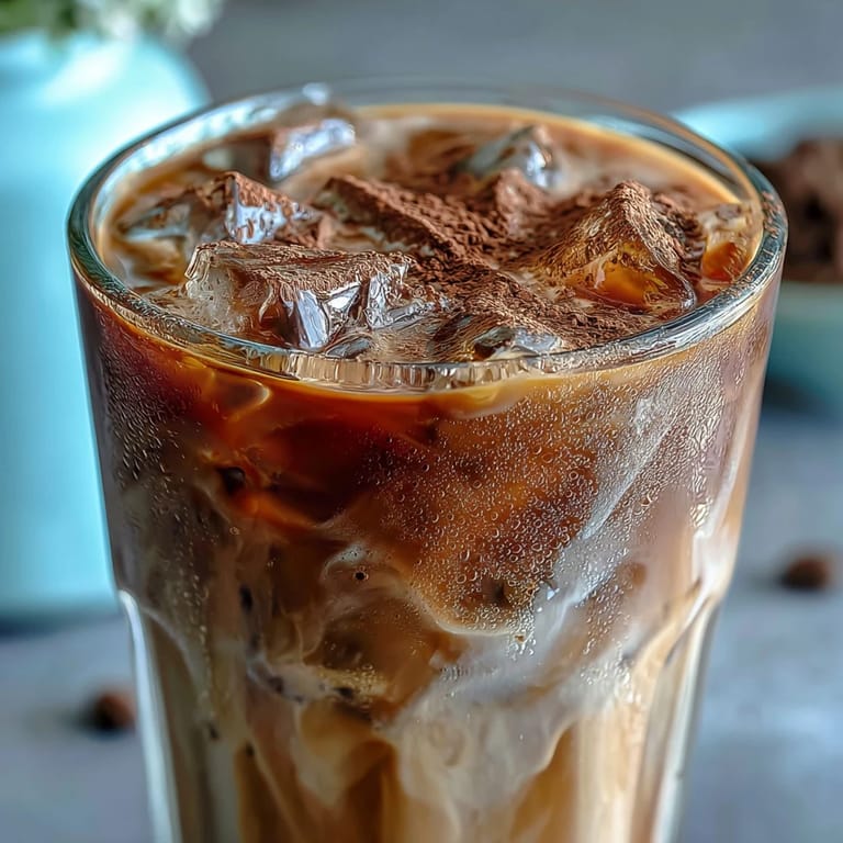 Close-up of an Iced Hojicha Latte, showing distinct layers of milk and tea, ready to be stirred with a striped straw.