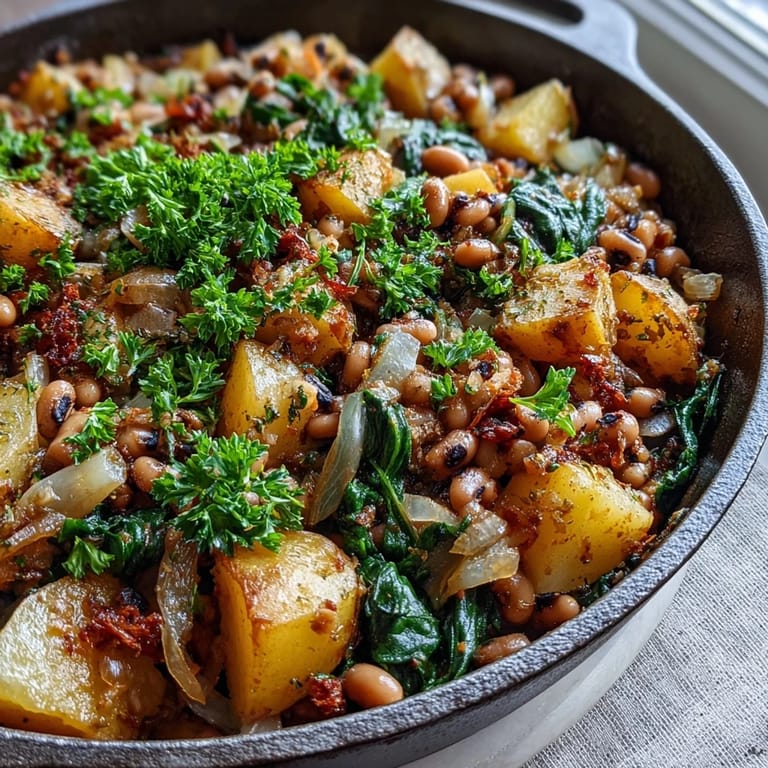 Cast iron skillet of Black-Eyed Pea Skillet Dinner garnished with fresh parsley and served with lemon wedges.