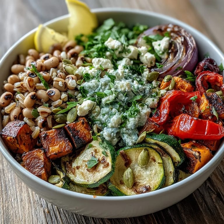 Black-Eyed Pea Grain Bowl featuring farro, smoky vegetables, and a squeeze of lemon over a wholesome vegan meal.