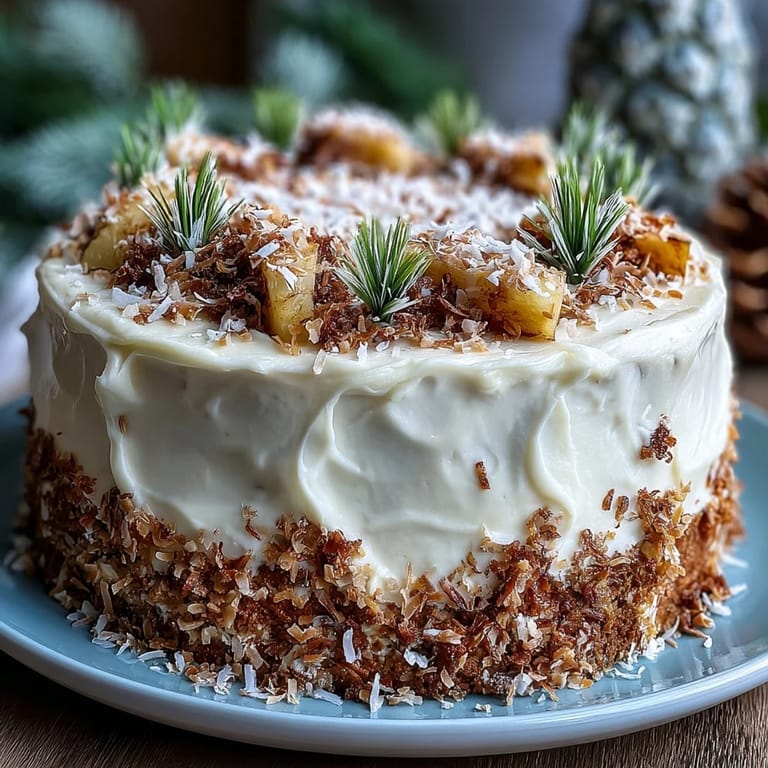 Whole Christmas Hawaiian Carrot Pineapple Cake topped with velvety frosting and tropical garnish, perfect for a holiday dessert spread.