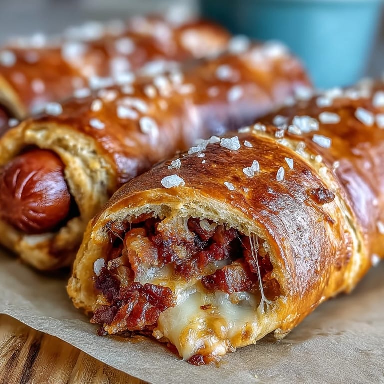 Eight Soft Baked Cheesy Pretzel Dogs are arranged on a platter, perfect for game day parties.